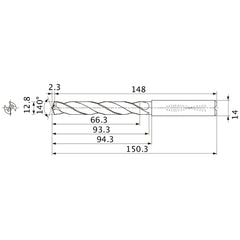 MMS1280X5DB DP7020 12.8 mm Dia. × 14 mm Shank × 93.3 mm Flute Length × 150.3 mm OAL, 140°, 2 Flute, Coolant Thru, Solid Carbide Drill