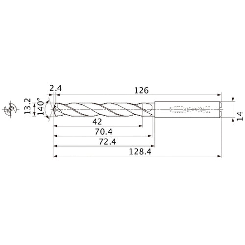 MMS1320X3DB DP7020 13.2 mm Dia. × 14 mm Shank × 70.4 mm Flute Length × 128.4 mm OAL, 140°, 2 Flute, Coolant Thru, Solid Carbide Drill