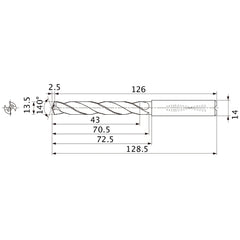 MMS1350X3DB DP7020 13.5 mm Dia. × 14 mm Shank × 70.5 mm Flute Length × 128.5 mm OAL, 140°, 2 Flute, Coolant Thru, Solid Carbide Drill
