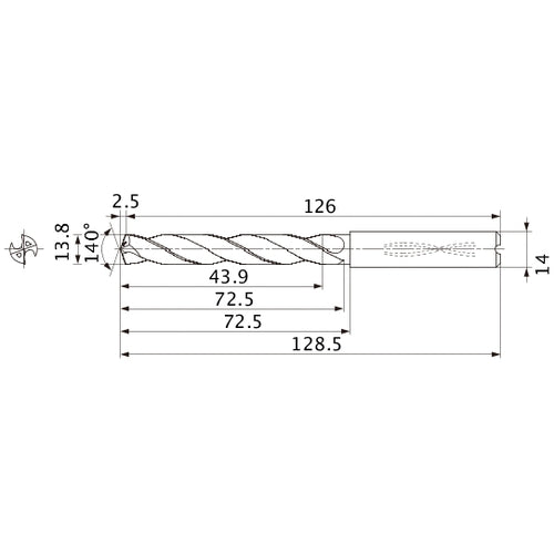 MMS1380X3DB DP7020 13.8 mm Dia. × 14 mm Shank × 72.5 mm Flute Length × 128.5 mm OAL, 140°, 2 Flute, Coolant Thru, Solid Carbide Drill