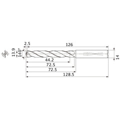 MMS1390X3DB DP7020 13.9 mm Dia. × 14 mm Shank × 72.5 mm Flute Length × 128.5 mm OAL, 140°, 2 Flute, Coolant Thru, Solid Carbide Drill
