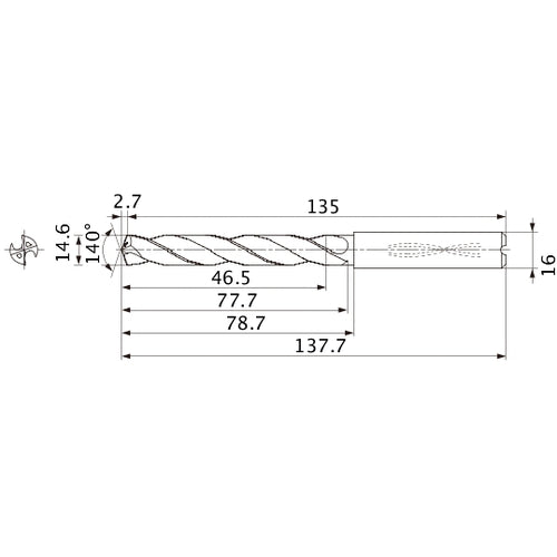 MMS1460X3DB DP7020 14.6 mm Dia. × 16 mm Shank × 77.7 mm Flute Length × 137.7 mm OAL, 140°, 2 Flute, Coolant Thru, Solid Carbide Drill