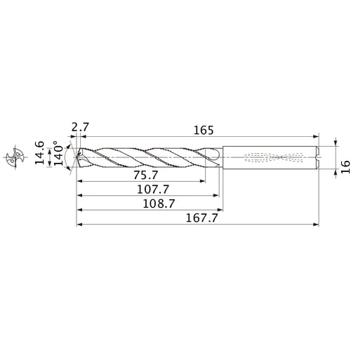 MMS1460X5DB DP7020 14.6 mm Dia. × 16 mm Shank × 107.7 mm Flute Length × 167.7 mm OAL, 140°, 2 Flute, Coolant Thru, Solid Carbide Drill