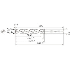 MMS1470X5DB DP7020 14.7 mm Dia. × 16 mm Shank × 107.7 mm Flute Length × 167.7 mm OAL, 140°, 2 Flute, Coolant Thru, Solid Carbide Drill