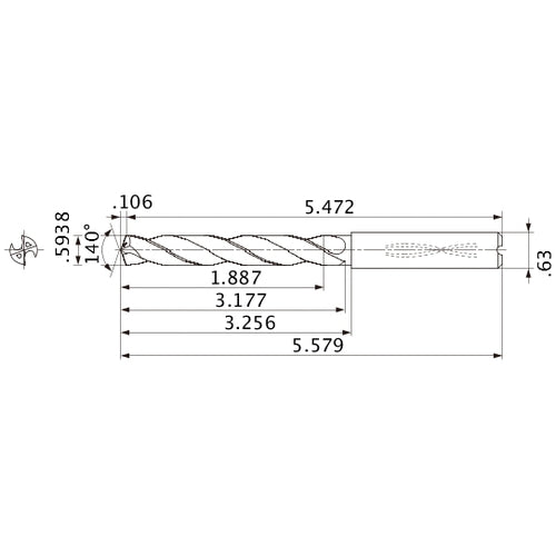 MMS1508X3D160 DP7020 0.5938″ Dia. × 0.63″ Shank × 3.177″ Flute Length × 5.579″ OAL, 140°, 2 Flute, Coolant Thru, Solid Carbide Drill