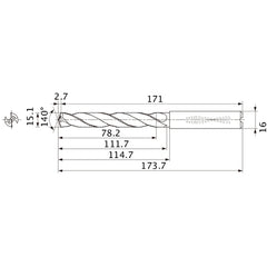 MMS1510X5DB DP7020 15.1 mm Dia. × 16 mm Shank × 111.7 mm Flute Length × 173.7 mm OAL, 140°, 2 Flute, Coolant Thru, Solid Carbide Drill
