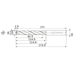 MMS1600X5DB DP7020 16 mm Dia. × 16 mm Shank × 114.9 mm Flute Length × 173.9 mm OAL, 140°, 2 Flute, Coolant Thru, Solid Carbide Drill