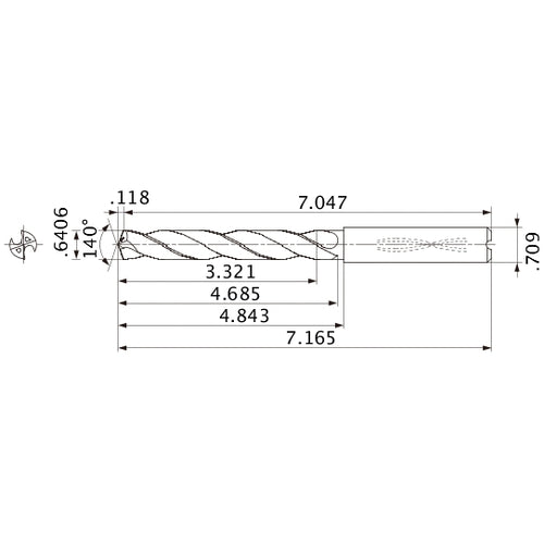 MMS1627X5D180 DP7020 0.6406″ Dia. × 0.709″ Shank × 4.685″ Flute Length × 7.165″ OAL, 140°, 2 Flute, Coolant Thru, Solid Carbide Drill