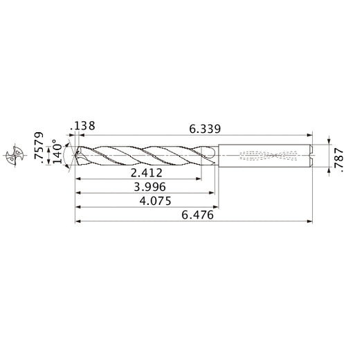 MMS1925X3D200 DP7020 0.7579″ Dia. × 0.787″ Shank × 3.996″ Flute Length × 6.476″ OAL, 140°, 2 Flute, Coolant Thru, Solid Carbide Drill
