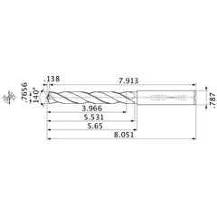 MMS1945X5D200 DP7020 0.7656″ Dia. × 0.787″ Shank × 5.531″ Flute Length × 8.051″ OAL, 140°, 2 Flute, Coolant Thru, Solid Carbide Drill