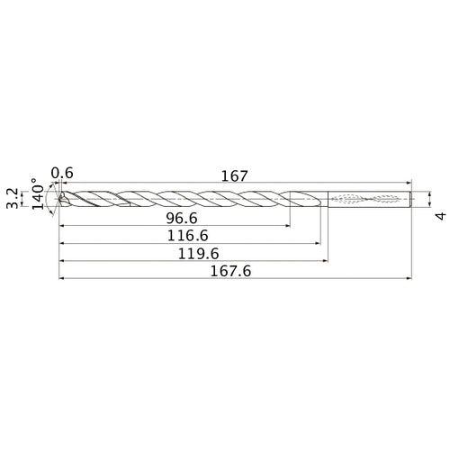 MNS0320X30DB TF15 3.2 mm Dia. × 4 mm Shank × 116.6 mm Flute Length × 167.6 mm OAL, 140°, 2 Flute, Coolant Thru, Solid Carbide Drill