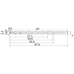 MNS0330LB TF15 3.3 mm Dia. × 4 mm Shank × 39.6 mm Flute Length × 87.6 mm OAL, 140°, 2 Flute, Coolant Thru, Solid Carbide Drill
