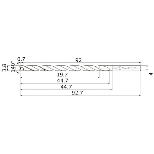 MNS0380LB TF15 3.8 mm Dia. × 4 mm Shank × 44.7 mm Flute Length × 92.7 mm OAL, 140°, 2 Flute, Coolant Thru, Solid Carbide Drill