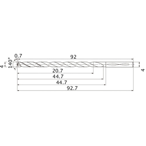 MNS0400LB TF15 4 mm Dia. × 4 mm Shank × 44.7 mm Flute Length × 92.7 mm OAL, 140°, 2 Flute, Coolant Thru, Solid Carbide Drill