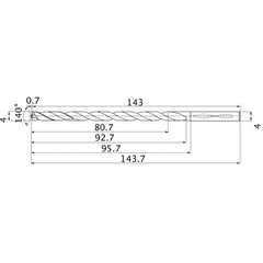 MNS0400X20DB TF15 4 mm Dia. × 4 mm Shank × 92.7 mm Flute Length × 143.7 mm OAL, 140°, 2 Flute, Coolant Thru, Solid Carbide Drill