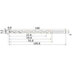 MNS0420LB TF15 4.2 mm Dia. × 5 mm Shank × 50.8 mm Flute Length × 100.8 mm OAL, 140°, 2 Flute, Coolant Thru, Solid Carbide Drill