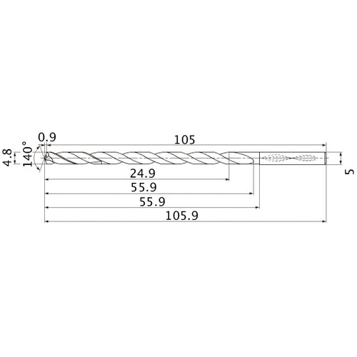 MNS0480LB TF15 4.8 mm Dia. × 5 mm Shank × 55.9 mm Flute Length × 105.9 mm OAL, 140°, 2 Flute, Coolant Thru, Solid Carbide Drill