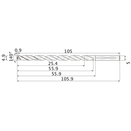 MNS0490LB TF15 4.9 mm Dia. × 5 mm Shank × 55.9 mm Flute Length × 105.9 mm OAL, 140°, 2 Flute, Coolant Thru, Solid Carbide Drill