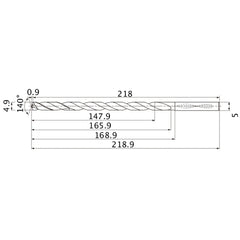MNS0490X30DB TF15 4.9 mm Dia. × 5 mm Shank × 165.9 mm Flute Length × 218.9 mm OAL, 140°, 2 Flute, Coolant Thru, Solid Carbide Drill