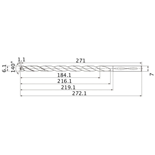 MNS0610X30DB TF15 6.1 mm Dia. × 7 mm Shank × 216.1 mm Flute Length × 272.1 mm OAL, 140°, 2 Flute, Coolant Thru, Solid Carbide Drill