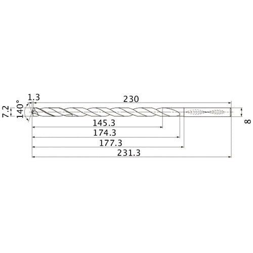 MNS0720X20DB TF15 7.2 mm Dia. × 8 mm Shank × 174.3 mm Flute Length × 231.3 mm OAL, 140°, 2 Flute, Coolant Thru, Solid Carbide Drill