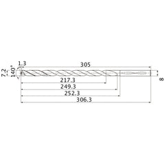 MNS0720X30DB TF15 7.2 mm Dia. × 8 mm Shank × 249.3 mm Flute Length × 306.3 mm OAL, 140°, 2 Flute, Coolant Thru, Solid Carbide Drill