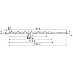 MNS0780X20DB TF15 7.8 mm Dia. × 8 mm Shank × 185.4 mm Flute Length × 242.4 mm OAL, 140°, 2 Flute, Coolant Thru, Solid Carbide Drill