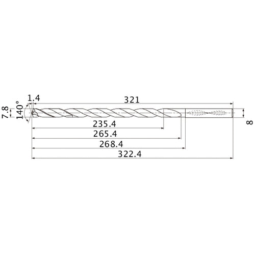 MNS0780X30DB TF15 7.8 mm Dia. × 8 mm Shank × 265.4 mm Flute Length × 322.4 mm OAL, 140°, 2 Flute, Coolant Thru, Solid Carbide Drill