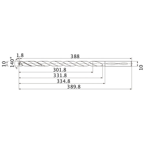 MNS1000X30DB TF15 10 mm Dia. × 10 mm Shank × 331.8 mm Flute Length × 389.8 mm OAL, 140°, 2 Flute, Coolant Thru, Solid Carbide Drill