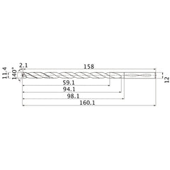 MNS1140LB TF15 11.4 mm Dia. × 12 mm Shank × 94.1 mm Flute Length × 160.1 mm OAL, 140°, 2 Flute, Coolant Thru, Solid Carbide Drill
