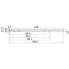 MNS1160LB TF15 11.6 mm Dia. × 12 mm Shank × 98.1 mm Flute Length × 160.1 mm OAL, 140°, 2 Flute, Coolant Thru, Solid Carbide Drill