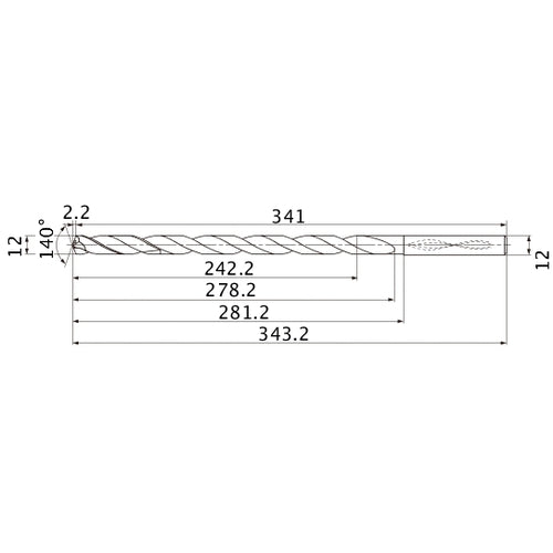 MNS1200X20DB TF15 12 mm Dia. × 12 mm Shank × 278.2 mm Flute Length × 343.2 mm OAL, 140°, 2 Flute, Coolant Thru, Solid Carbide Drill