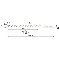 MNS1200X20DB TF15 12 mm Dia. × 12 mm Shank × 278.2 mm Flute Length × 343.2 mm OAL, 140°, 2 Flute, Coolant Thru, Solid Carbide Drill