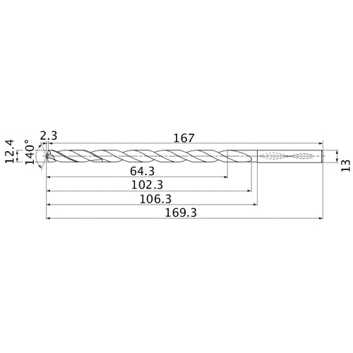 MNS1240LB TF15 12.4 mm Dia. × 13 mm Shank × 102.3 mm Flute Length × 169.3 mm OAL, 140°, 2 Flute, Coolant Thru, Solid Carbide Drill