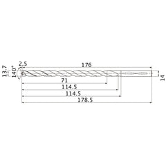 MNS1370LB TF15 13.7 mm Dia. × 14 mm Shank × 114.5 mm Flute Length × 178.5 mm OAL, 140°, 2 Flute, Coolant Thru, Solid Carbide Drill