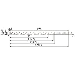MNS1390LB TF15 13.9 mm Dia. × 14 mm Shank × 114.5 mm Flute Length × 178.5 mm OAL, 140°, 2 Flute, Coolant Thru, Solid Carbide Drill