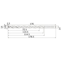 MNS1400LB TF15 14 mm Dia. × 14 mm Shank × 114.5 mm Flute Length × 178.5 mm OAL, 140°, 2 Flute, Coolant Thru, Solid Carbide Drill