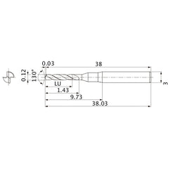 MSE0012SB VP20MF 0.12 mm Dia. × 3 mm Shank × 1.43 mm Flute Length × 38.03 mm OAL, 130°, 2 Flute, External Coolant, Solid Carbide Drill