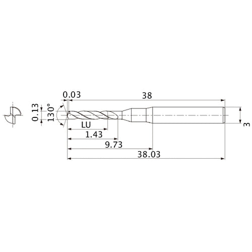 MSE0013SB VP20MF 0.13 mm Dia. × 3 mm Shank × 1.43 mm Flute Length × 38.03 mm OAL, 130°, 2 Flute, External Coolant, Solid Carbide Drill