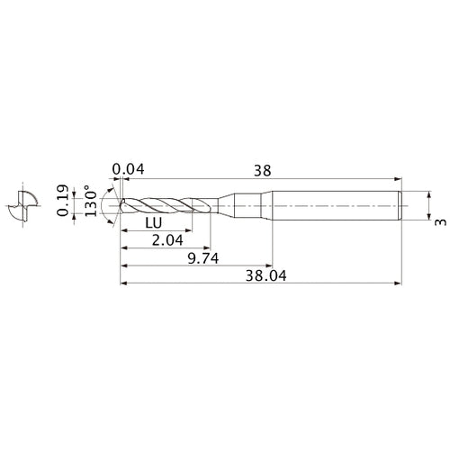MSE0019SB VP20MF 0.19 mm Dia. × 3 mm Shank × 2.04 mm Flute Length × 38.04 mm OAL, 130°, 2 Flute, External Coolant, Solid Carbide Drill