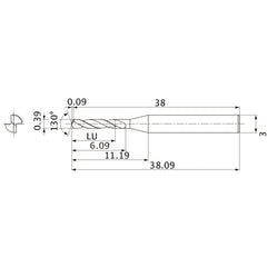 MSE0039SB VP15TF 0.39 mm Dia. × 3 mm Shank × 6.09 mm Flute Length × 38.09 mm OAL, 130°, 2 Flute, External Coolant, Solid Carbide Drill