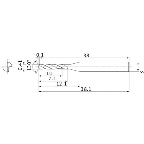 MSE0041SB VP15TF 0.41 mm Dia. × 3 mm Shank × 7.1 mm Flute Length × 38.1 mm OAL, 130°, 2 Flute, External Coolant, Solid Carbide Drill