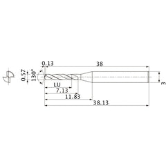 MSE0057SB VP15TF 0.57 mm Dia. × 3 mm Shank × 7.13 mm Flute Length × 38.13 mm OAL, 130°, 2 Flute, External Coolant, Solid Carbide Drill