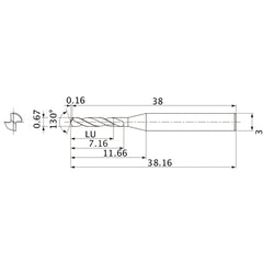 MSE0067SB VP15TF 0.67 mm Dia. × 3 mm Shank × 7.16 mm Flute Length × 38.16 mm OAL, 130°, 2 Flute, External Coolant, Solid Carbide Drill