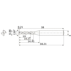 MSE0088SB VP15TF 0.88 mm Dia. × 3 mm Shank × 10.21 mm Flute Length × 38.21 mm OAL, 130°, 2 Flute, External Coolant, Solid Carbide Drill
