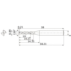 MSE0089SB VP15TF 0.89 mm Dia. × 3 mm Shank × 10.21 mm Flute Length × 38.21 mm OAL, 130°, 2 Flute, External Coolant, Solid Carbide Drill