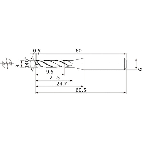 MVE0300X03S060 DP1020 3 mm Dia. × 6 mm Shank × 21.5 mm Flute Length × 60.5 mm OAL, 140°, 2 Flute, External Coolant, Solid Carbide Drill