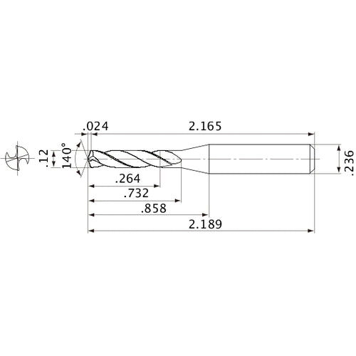 MVE0305X02S060 DP1020 0.12″ Dia. × 0.236″ Shank × 0.732″ Flute Length × 2.189″ OAL, 140°, 2 Flute, External Coolant, Solid Carbide Drill