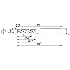 MVE0310X03S060 DP1020 3.1 mm Dia. × 6 mm Shank × 24.6 mm Flute Length × 60.6 mm OAL, 140°, 2 Flute, External Coolant, Solid Carbide Drill