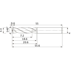 MVE0330X02S040 DP1020 3.3 mm Dia. × 4 mm Shank × 18.6 mm Flute Length × 55.6 mm OAL, 140°, 2 Flute, External Coolant, Solid Carbide Drill